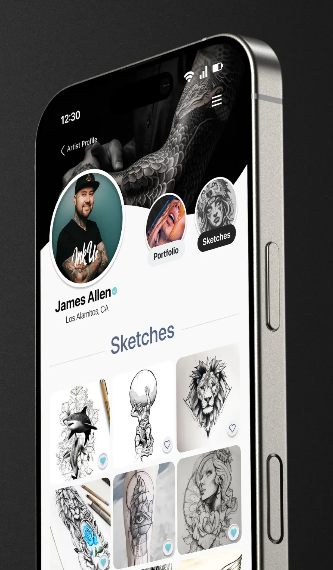 A cellphone screen showing InkUs app screen of tattoo artist portfolio.