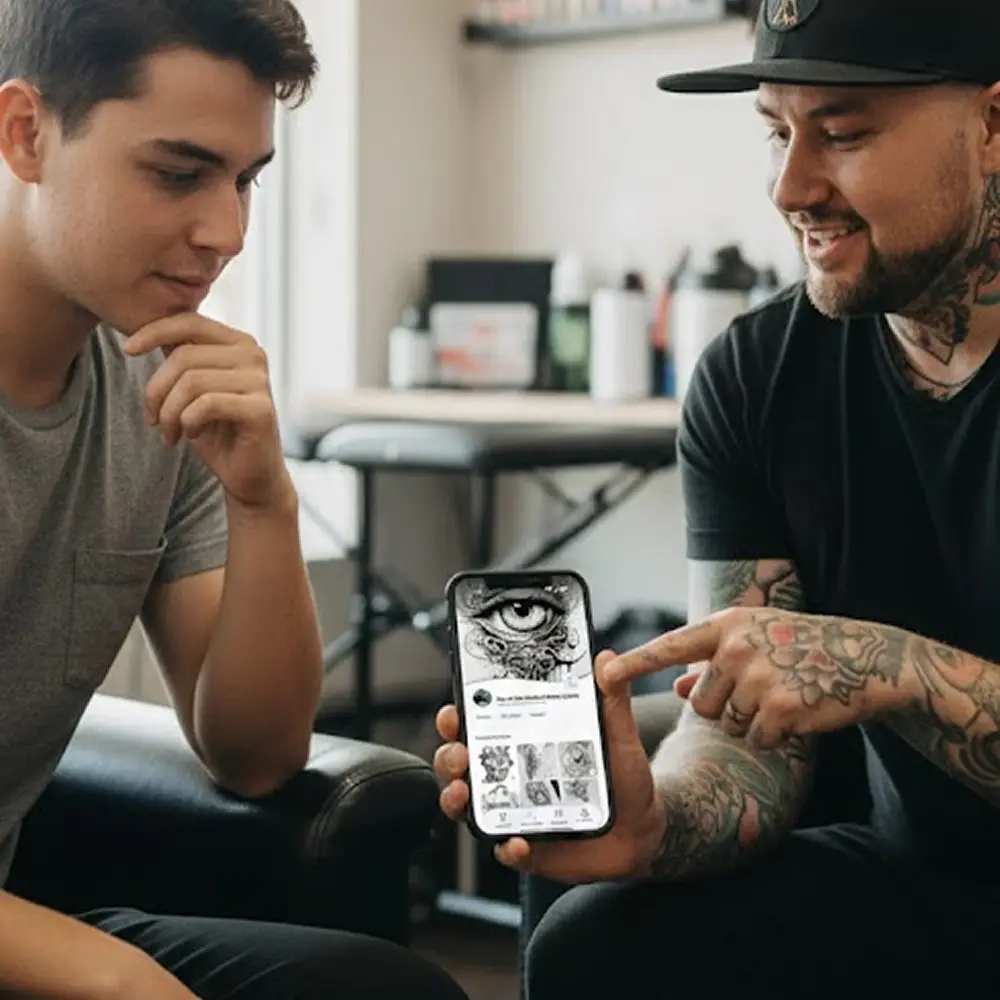 Tattoo local artist, James Allen sitting talking with individual using the InkUs App.